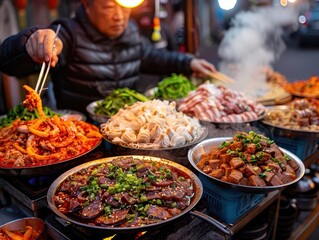 Obraz premium Street cuisine with vendors preparing and selling local dishes, Cultural, Warm hues, Photography