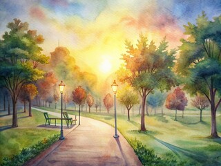 Vibrant morning sunrise casts a warm glow on a serene park landscape, with empty pathways and exercise equipment, evoking a sense of health and wellness.