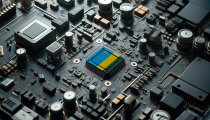 Fototapeta premium A high-tech circuit board showcasing a microchip with the Rwanda flag, emphasizing Rwanda role in pioneering advanced electronics and microtechnology innovations