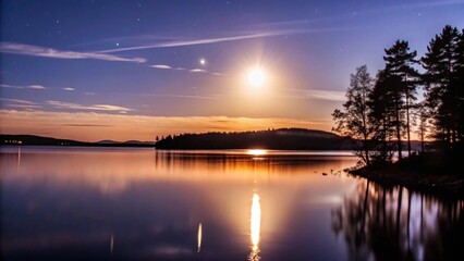 Obraz premium Peaceful sunset over calm lake with a silhouette of trees.