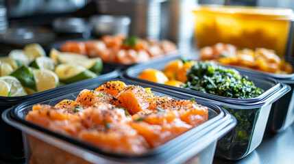 A variety of food items are displayed in plastic containers, including salmon