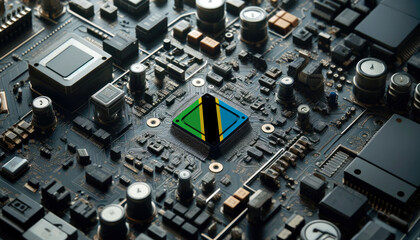 A high-tech circuit board showcasing a microchip with the Tanzania flag, emphasizing Tanzania role in pioneering advanced electronics and microtechnology innovations