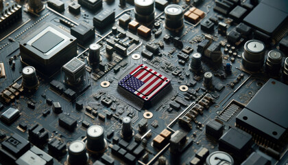 Fototapeta premium A high-tech circuit board showcasing a microchip with the USA flag, emphasizing USA role in pioneering advanced electronics and microtechnology innovations