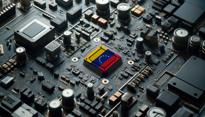 A high-tech circuit board showcasing a microchip with the Venezuela flag, emphasizing Venezuela role in pioneering advanced electronics and microtechnology innovations