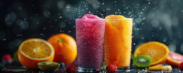 Colorful pink and orange smoothies splashing with fruits, vibrant and fresh.