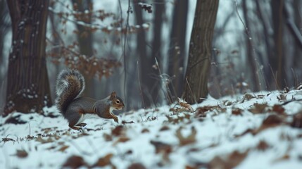 Squirrel Darting Across a Snowy Forest. Concept of Wildlife, Winter, Nature, Animal Movement, Fast Speed, Beauty in Motion, Freeze Frame