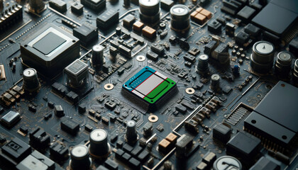 Fototapeta premium A high-tech circuit board showcasing a microchip with the Uzbekistan flag, emphasizing Uzbekistan role in pioneering advanced electronics and microtechnology innovations