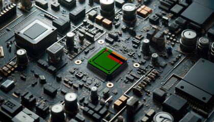 Fototapeta premium A high-tech circuit board showcasing a microchip with the Zambia flag, emphasizing Zambia role in pioneering advanced electronics and microtechnology innovations
