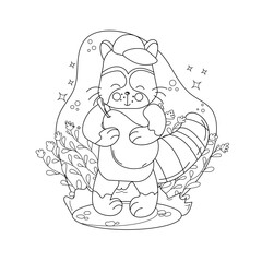 Childrens drawings coloring page. Cute Cartoon Raccoon Holding a Pear Surrounded by Flowers in a Playful Setting. Vector