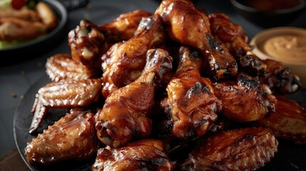 Succulent grilled chicken wings glazed in a savory barbecue sauce, perfect for parties and gatherings, served with dipping sauces.