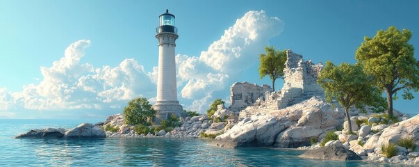 Lighthouse with ancient architecture, ruins and modern alert technology combined, a symbol of enduring vigilance