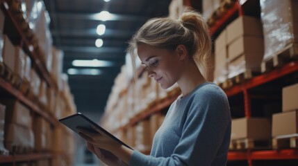 Businesswoman utilizing tablet computer in industrial storage facility