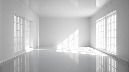 Fototapeta premium This captivating product mockup features a softly lit white studio with subtle window shadows, creating a dreamlike and elegant backdrop for your products.