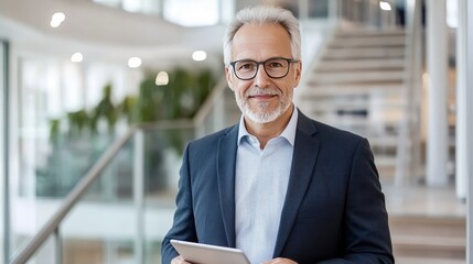 Fototapeta premium A confident businessman stands in a bright, contemporary office lobby, happily holding a tablet and smiling, showcasing a professional demeanor