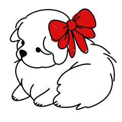A fluffy puppy dog with a red ribbon bow doodle line art outline illustration with a red oil paint February 14, Valentine's Day Design element