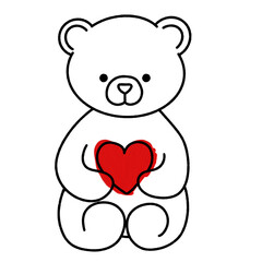 A teddy Bear holding a heart doodle line art outline  illustration with a red oil paint February 14, Valentine's Day Design element