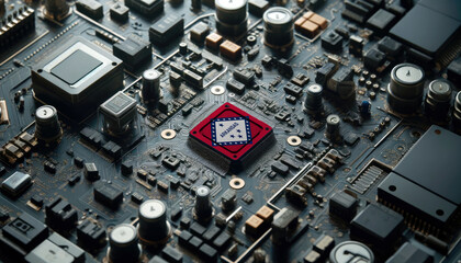 Fototapeta premium A high-tech circuit board showcasing a microchip with the Arkansas flag, emphasizing Arkansas role in pioneering advanced electronics and microtechnology innovations