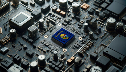 A high-tech circuit board showcasing a microchip with the Montana flag, emphasizing Montana role in pioneering advanced electronics and microtechnology innovations
