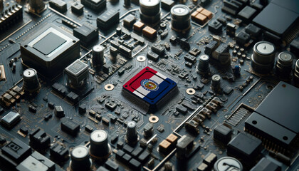A high-tech circuit board showcasing a microchip with the Missouri flag, emphasizing Missouri role in pioneering advanced electronics and microtechnology innovations