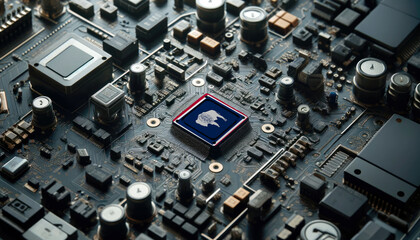 A high-tech circuit board showcasing a microchip with the Wyoming flag, emphasizing Wyoming role in pioneering advanced electronics and microtechnology innovations