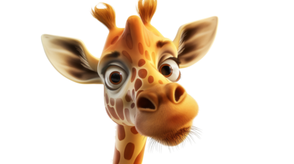A giraffe with a big brown nose and brown eyes isolated on a transparent background