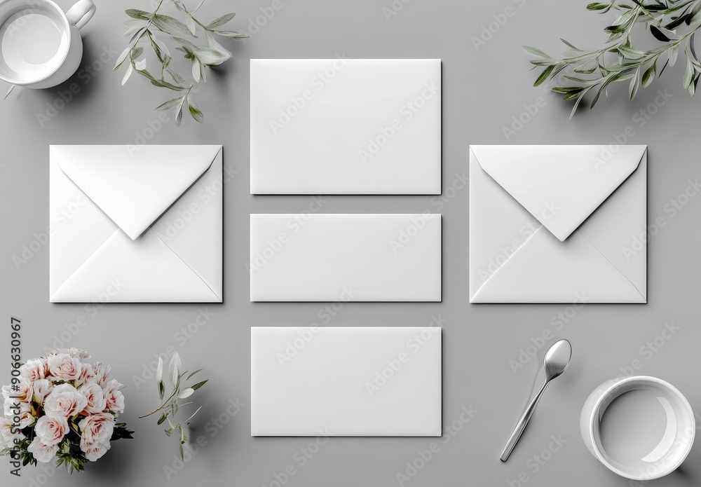 Poster mock-up of white stationery on gray background for branding identity presentations and portfolios.