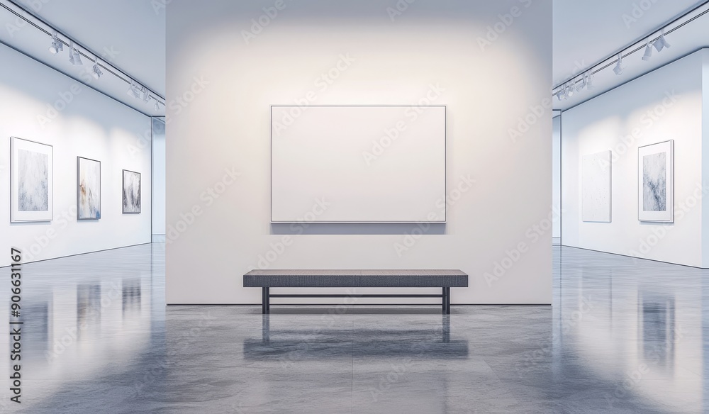 Poster This 3D mockup of a white wall in an empty modern gallery represents an open space with modern art exhibitions. A large hall interior is shown with a wide banner exposition template.