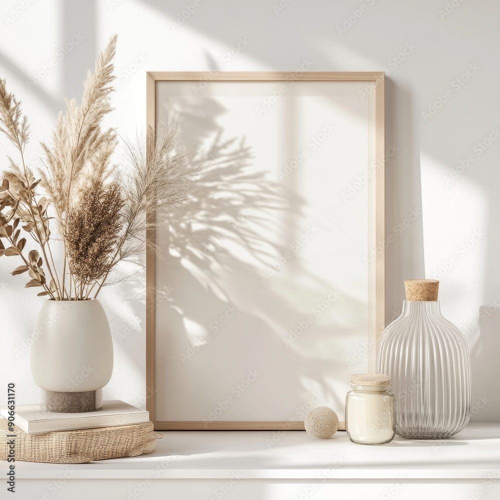 Poster 3d rendering of wooden frame with poster mockup standing on white floor.