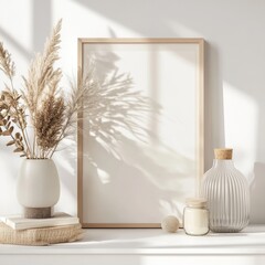 3D rendering of wooden frame with poster mockup standing on white floor.