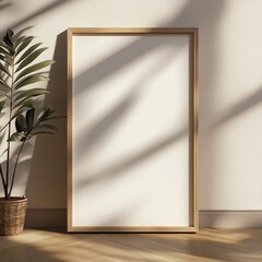 Mockup of a poster with wooden frame on the ground. 3D rendering.