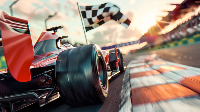 F1 racing car crossing the finish line under checkered flag at sunny day. Racing car on track crossing the finish during F1 gran prix. Formula 1 winner in red car celebrating victory.