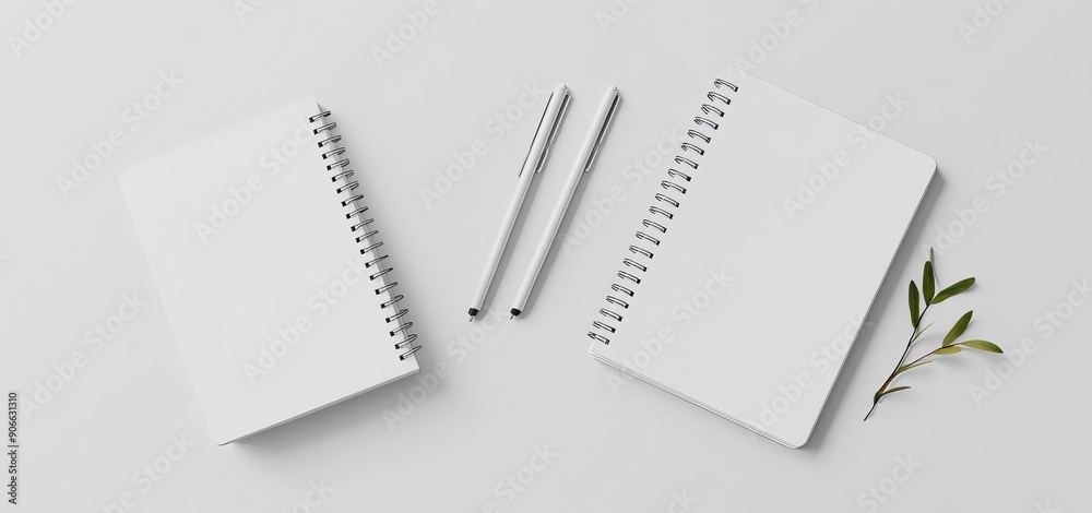 Poster a photorealistic mockup of a blank notebook on a light grey background.