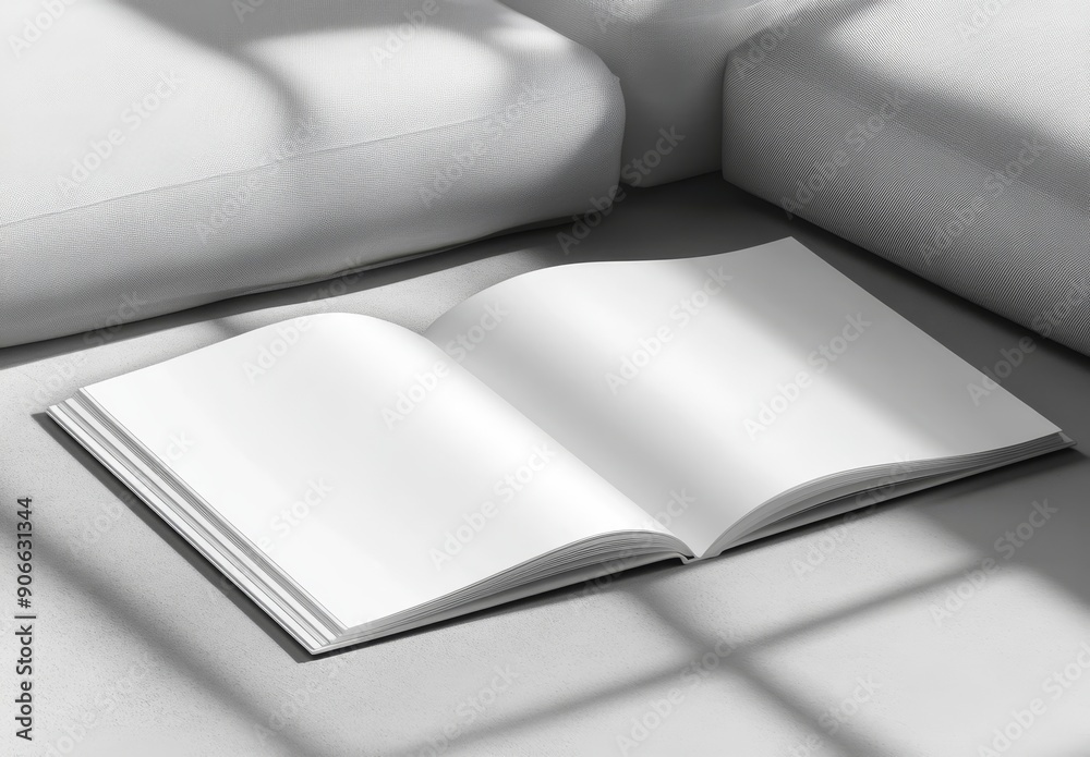 Poster three-dimensional rendering of a white reinforced pocket folder on a grey background.