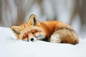 Obraz premium A fox is sleeping on a snowy surface. The fox is brown and has a white nose. The image has a peaceful and calm mood
