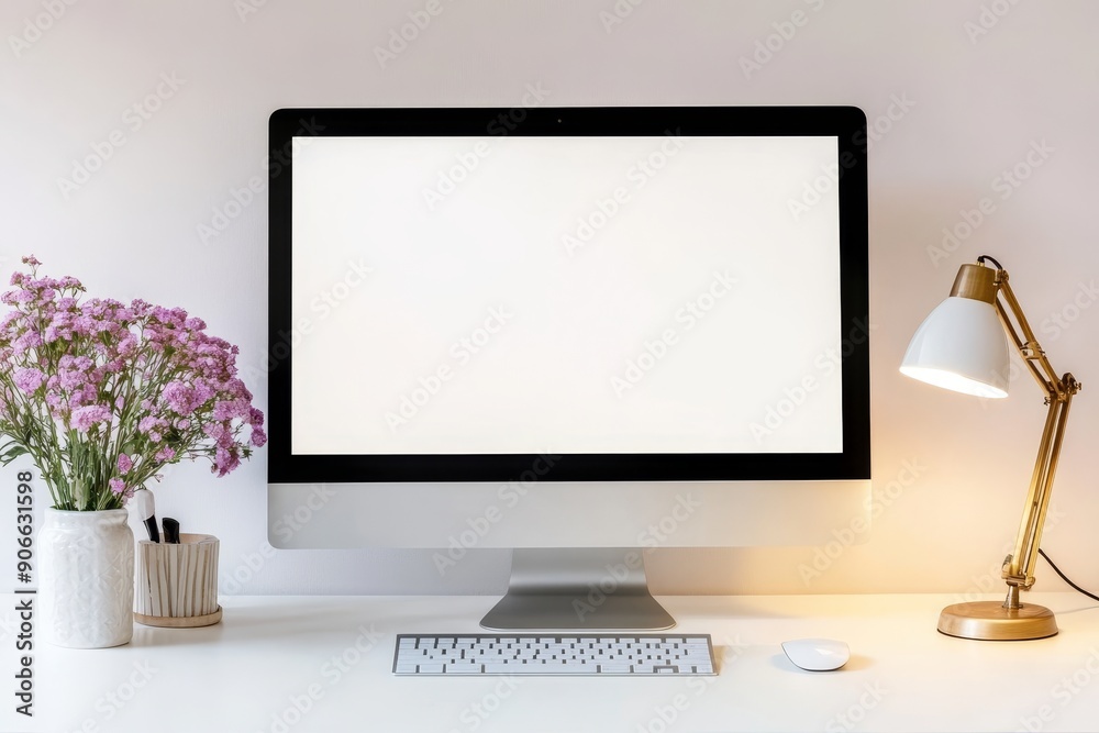 Poster an isolated computer screen mockup in a modern workplace. 3d illustration.