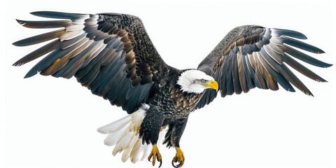 Obraz premium A majestic bald eagle extends its massive wingspan, showcasing its impressive plumage and powerful build