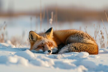 Obraz premium A fox is sleeping in the snow. The fox is brown and white