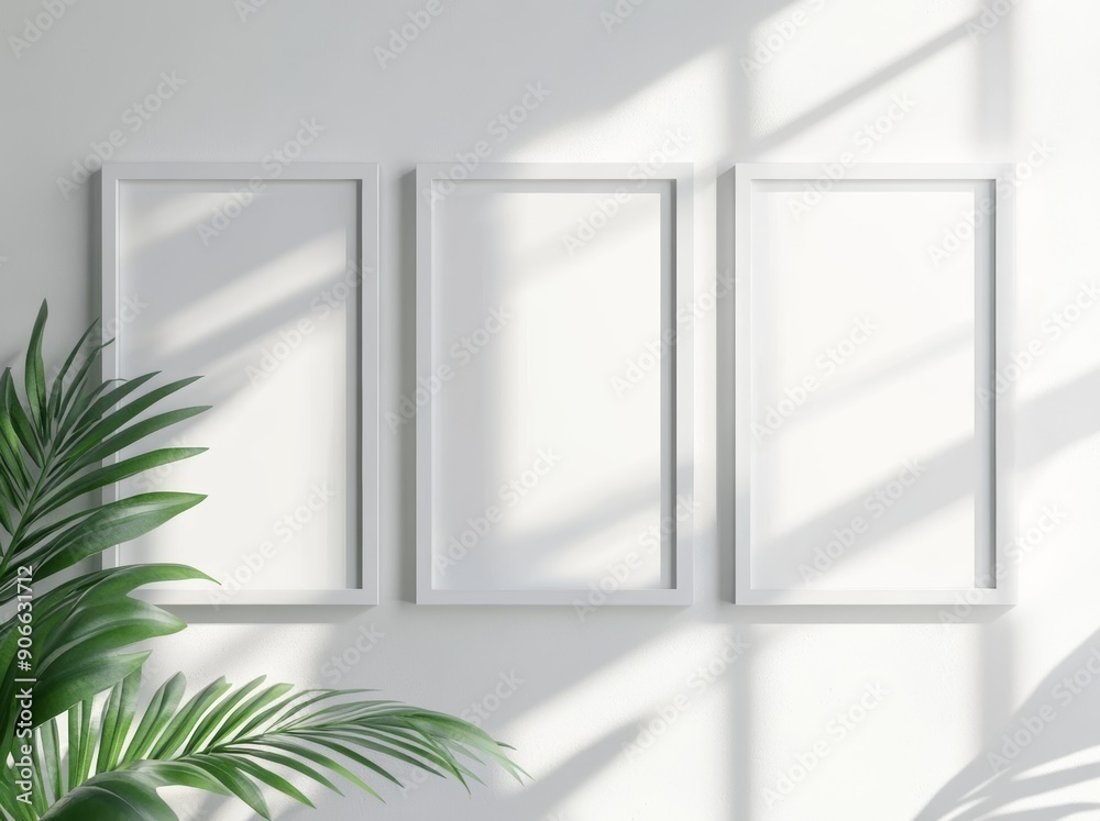 Poster Mockup 3D rendering of rectangular white frames hanging on a white wall