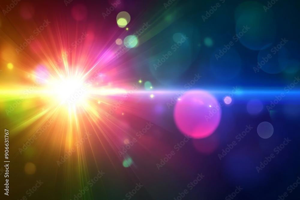 Poster a glowing sun burst with rounded hexagonal shapes, and a rainbow halo over black background. a lovel