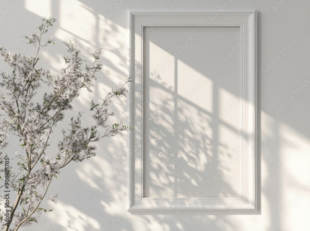 Poster A white rectangular vertical frame is hung on a white wall in a 3D rendering