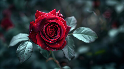 A red rose with dew drops on it. The rose is the main focus of the image, and the dew adds a sense of freshness and beauty to the scene