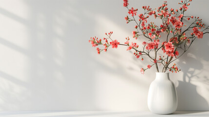 Artificial flowers in a vase on a white background and copy space