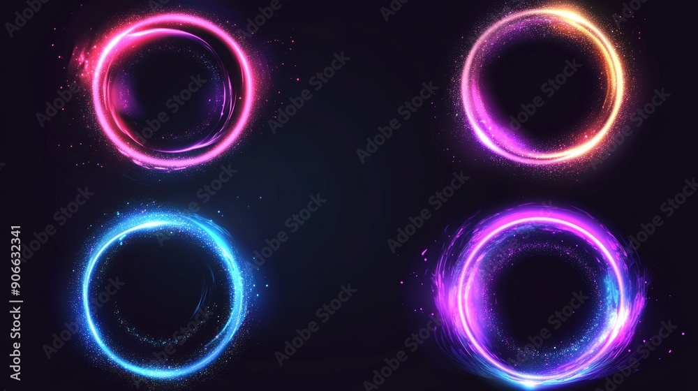 Poster Set of modern abstract blue and purple rings and swirls with glimmering sparkles. A modern set of realistic blue and purple rings and swirls.