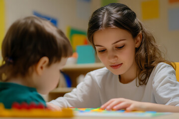 Fototapeta premium An illustration depicting a child at an appointment with a speech therapist, focusing on learning to pronounce letters correctly. 