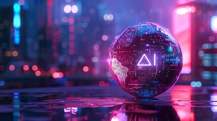 A round ball with AI text is one example of the use of artificial intelligence banner technology based on data science and innovation in Internet cyberspace. 