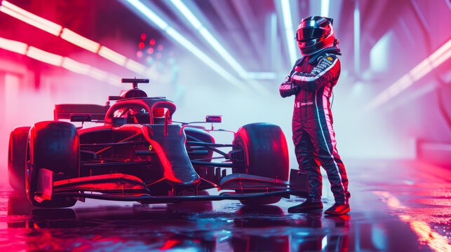 New Formula one pilot going to his racing car in box with neon lights. Career start. New season of F1 World Championship. New car presentation. Unrecognizable F1 pilot in helmet standing at racing car