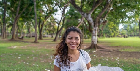 Smiling Young Volunteer Cleaning Up Trash in a Park.Generated image