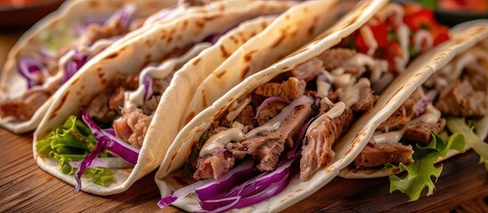 Fototapeta premium Delicious tacos filled with tender meat, fresh vegetables, and vibrant colors. Perfect for food lovers and culinary enthusiasts.