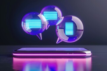 Innovative mobile app concept features vibrant chat balloons hovering above a sleek smartphone, showcasing modern communication.
