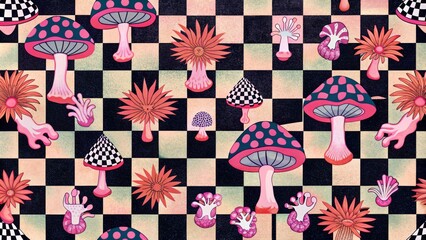 Fototapeta premium A vibrant pattern featuring a variety of whimsical mushroom and floral patterns against a checkered background. Contrasting colors and playful elements create a dynamic visual experience.AI generated.